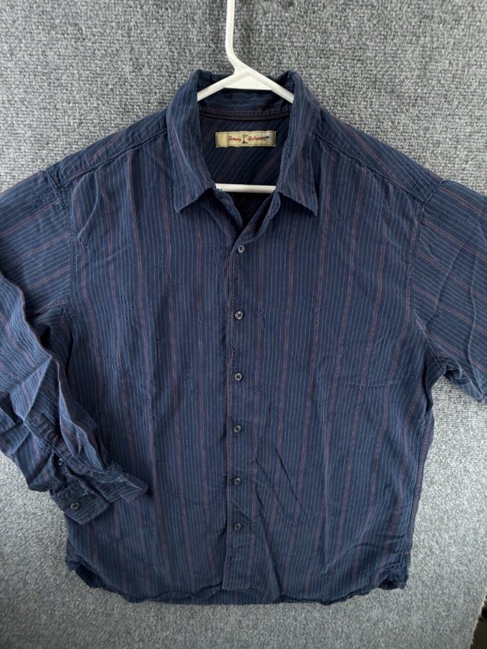 Tommy Bahama Silk Wool Large Striped Blue Pocket Shirt Vacation Long Sleeve Mens